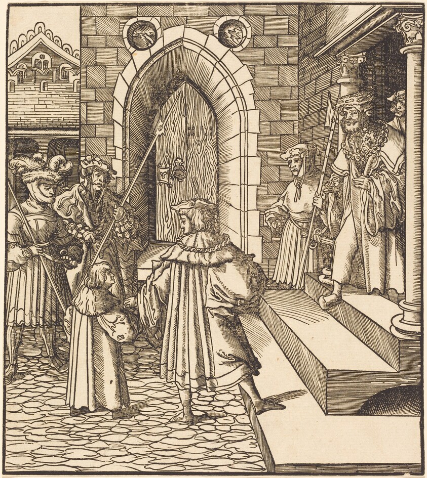 Three Men and a Boy in the Court of a Castle, to the Right Three Men on a Staircase
