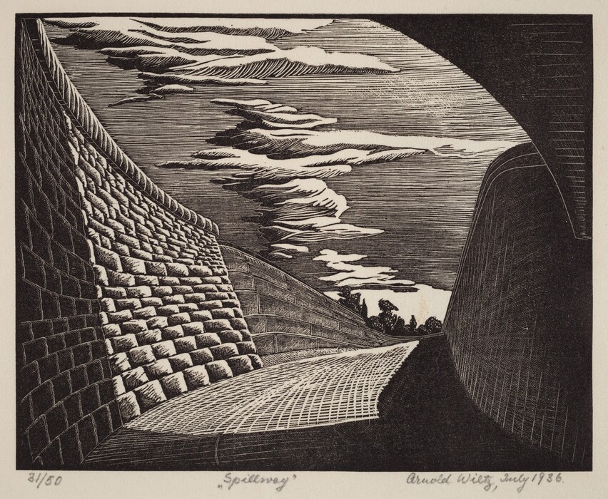 The image depicts a scene with two massive curved embankments converging towards a narrow path leading into the distance. The horizon is slightly above the center, showing trees and distant clouds just above it. The technique appears to be a woodcut or engraving, with bold, linear strokes creating a rich texture. The embankments and sky are detailed with precise lines and cross-hatching for depth and shadow. The color palette is monochrome, with black and white creating a dramatic and graphic impact.