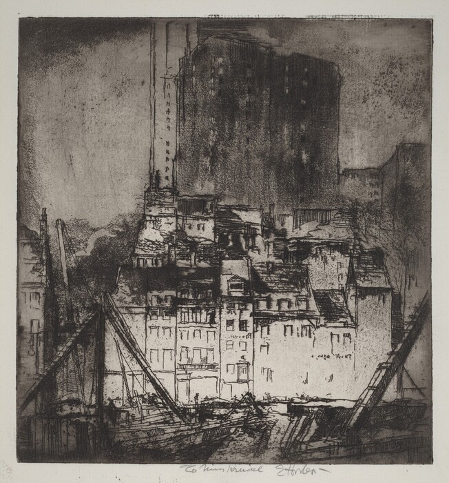 The image shows an urban landscape with densely packed buildings, including tall structures in the distance and one prominent dark building closer to the center. The foreground features smaller buildings with detailed, sketchy roof lines. The artwork appears to be created using etched lines, giving it a textured appearance. There is a monochromatic color palette of various shades of black and grey, creating a somber atmosphere. The lack of distinct colors and realistic details in the brushstrokes gives the image an impressionistic, abstract feel.