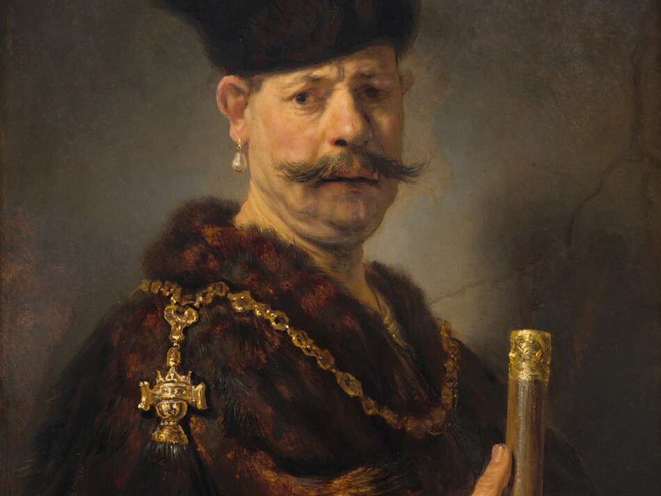 Shown from about the waist up, a light-skinned man with sagging jowls and a double chin wears a fur garment and hat, a large teardrop pearl earring, and gold chains in this vertical painting. In front of a cracked gray stone wall, the man's body is angled to our right but he turns his face to look at us with brown eyes under a furrowed brow. He has a bulbous nose, and his lips are slightly parted under a wide, wispy mustache. His brown hair is mostly hidden under the tall dark brown fur hat, which is wrapped with a gold chain with a gold medallion at the front. The chestnut-brown fur coat looks especially fuzzy along the neckline, which is also encircled with a thick gold chain. A gold, crown-shaped pendant with a black brush hangs over his right shoulder, closer to us. He holds a gold-tipped cane with his right hand, his thumb extended along the cane. The artist signed and dated the work in the upper right corner, "Rembrandt f: 1637."