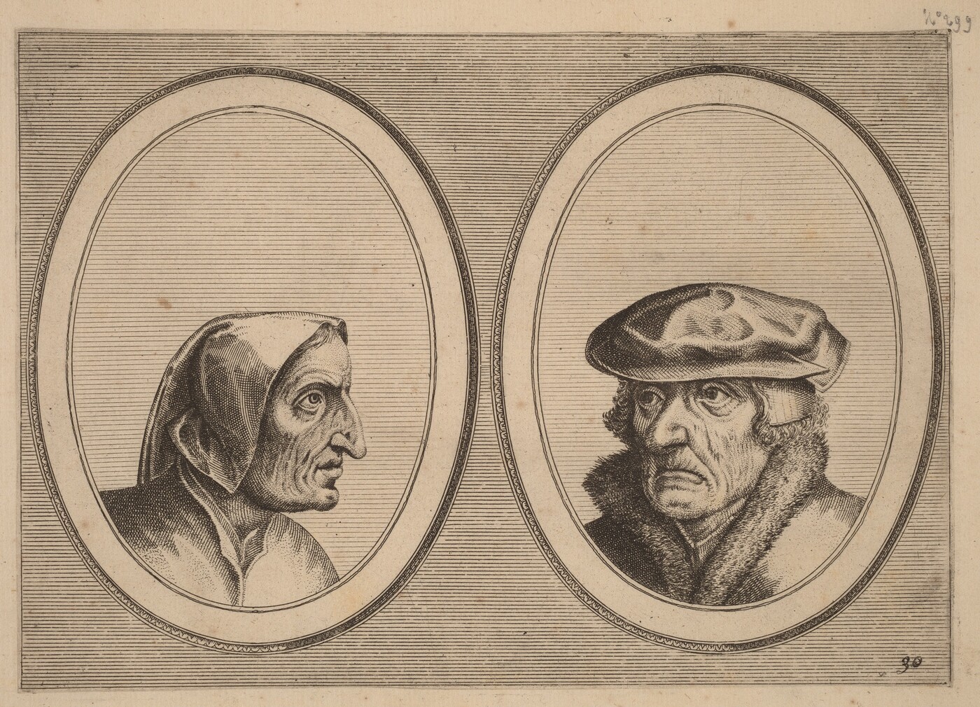 The image displays two portraits side by side in oval frames. The left portrait depicts a person in profile facing right, with an elongated face, prominent nose, and visible wrinkles, wearing a hood or cowl. The right portrait shows a person facing forward with a round face, wearing a flat cap and a coat with a fur collar. The person has a pronounced nose and a stern expression. The background features fine horizontal lines, and both portraits are enclosed in oval borders. The image is rendered in a monochrome, engraved style.