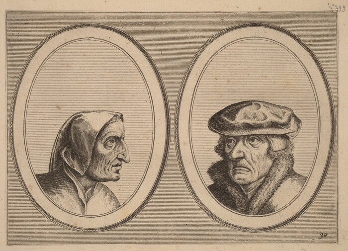The image displays two portraits side by side in oval frames. The left portrait depicts a person in profile facing right, with an elongated face, prominent nose, and visible wrinkles, wearing a hood or cowl. The right portrait shows a person facing forward with a round face, wearing a flat cap and a coat with a fur collar. The person has a pronounced nose and a stern expression. The background features fine horizontal lines, and both portraits are enclosed in oval borders. The image is rendered in a monochrome, engraved style.