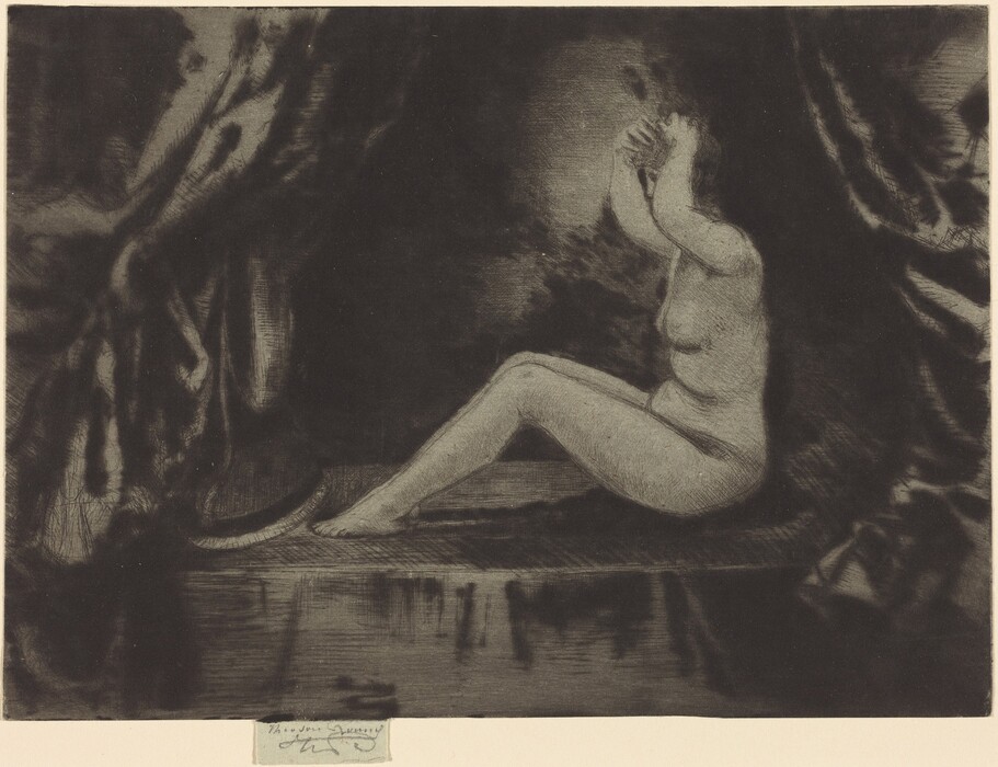 The image features a full-body view of a person in a side position facing the right. The person is seated with legs extended in front, arms raised near or touching the head. The individual has dark hair, and facial features are somewhat subtle due to the stylized artwork. The figure is nude without any visible accessories or items. The background is textured and dark, with soft strokes hinting at a curtain or drapery.