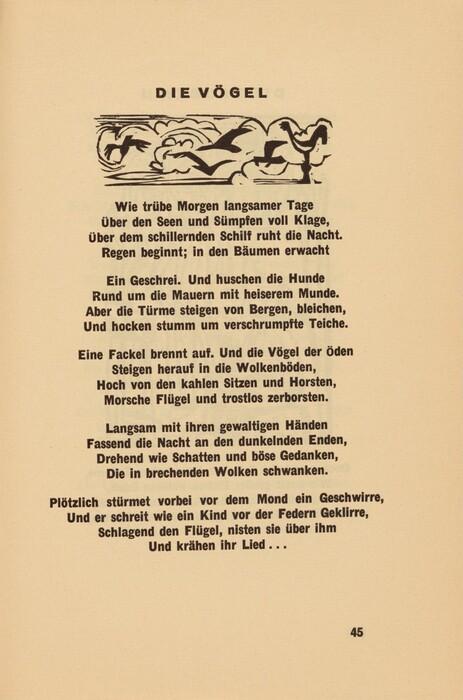 This is a photograph of a page from a book. The page contains a poem titled "Die Vögel," which is German for "The Birds." At the top, there is a black and white illustration featuring stylized birds in flight amidst swirling clouds or waves. The text of the poem is printed below the illustration in a clear, classic typeface. The poem describes scenes of nature, involving birds and atmospheric imagery.