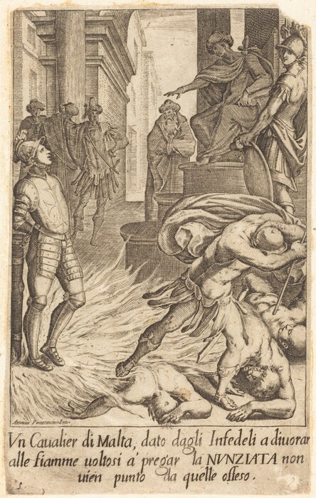 This is a drawing of a scene with several figures and an inscription. The composition shows figures in armor and robes within a dramatic setting, suggesting a moment of confrontation or decision. In the center, an armored figure stands near a flame, interacting with other figures in different poses. Architectural elements like columns and large blocks define the background. The scene also includes a seated figure on a platform, gesturing towards the other figures. The detailed linework and hatching create depth and texture in the drawing.
