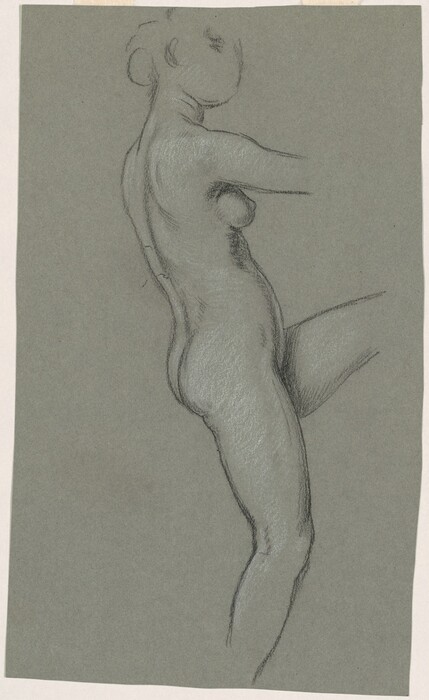 The image shows a sketch of a nude person in a three-quarter view from the side. The person's head is turned slightly downward and facing left. One leg is raised at the knee, and one arm is stretched out in front. The facial features are roughly outlined in profile, with simple hair tied back. The sketch is on a textured grey background.