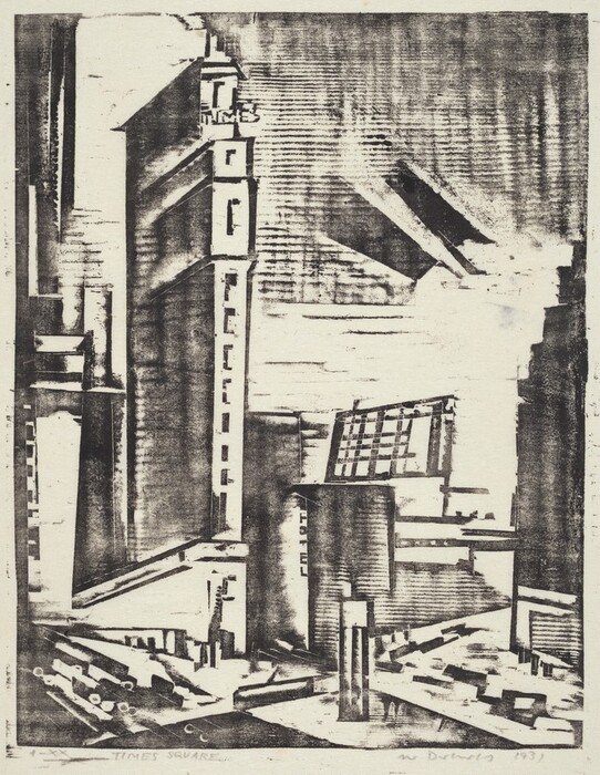 This is a monochromatic print of an urban landscape with strong architectural elements. The horizon is not distinctly visible. The image focuses on tall buildings in a metropolitan area, with a prominent tall, narrow building slightly to the left displaying the word "TIMES." The style features bold, geometric shapes, linear elements, and high contrast black and white palette emphasizing architectural forms. Marks suggest movement and urban bustle, while light and shadow create depth. The scene conveys dynamic urban energy with skyscrapers rising dramatically.
