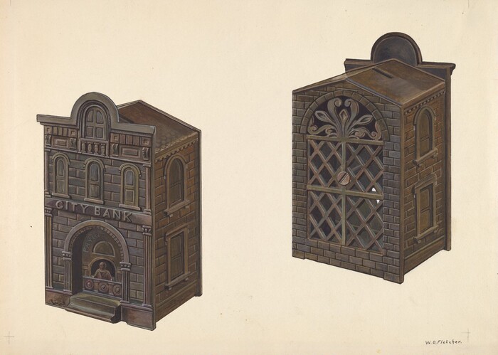 The image shows two architectural models resembling vintage toy bank buildings. On the left is a model resembling the facade of a CITY BANK with arched windows and a prominent doorway. On the right is a more ornate model with a decorative lattice pattern and a curved top. The color palette is predominantly composed of shades of brown and gray, with details highlighted in dark tones to suggest shadow and depth. The left model is positioned straight on and angled slightly backward to display its side, while the right model is angled forward to showcase both the front and side with the lattice design. The models are centered against a plain, light background.