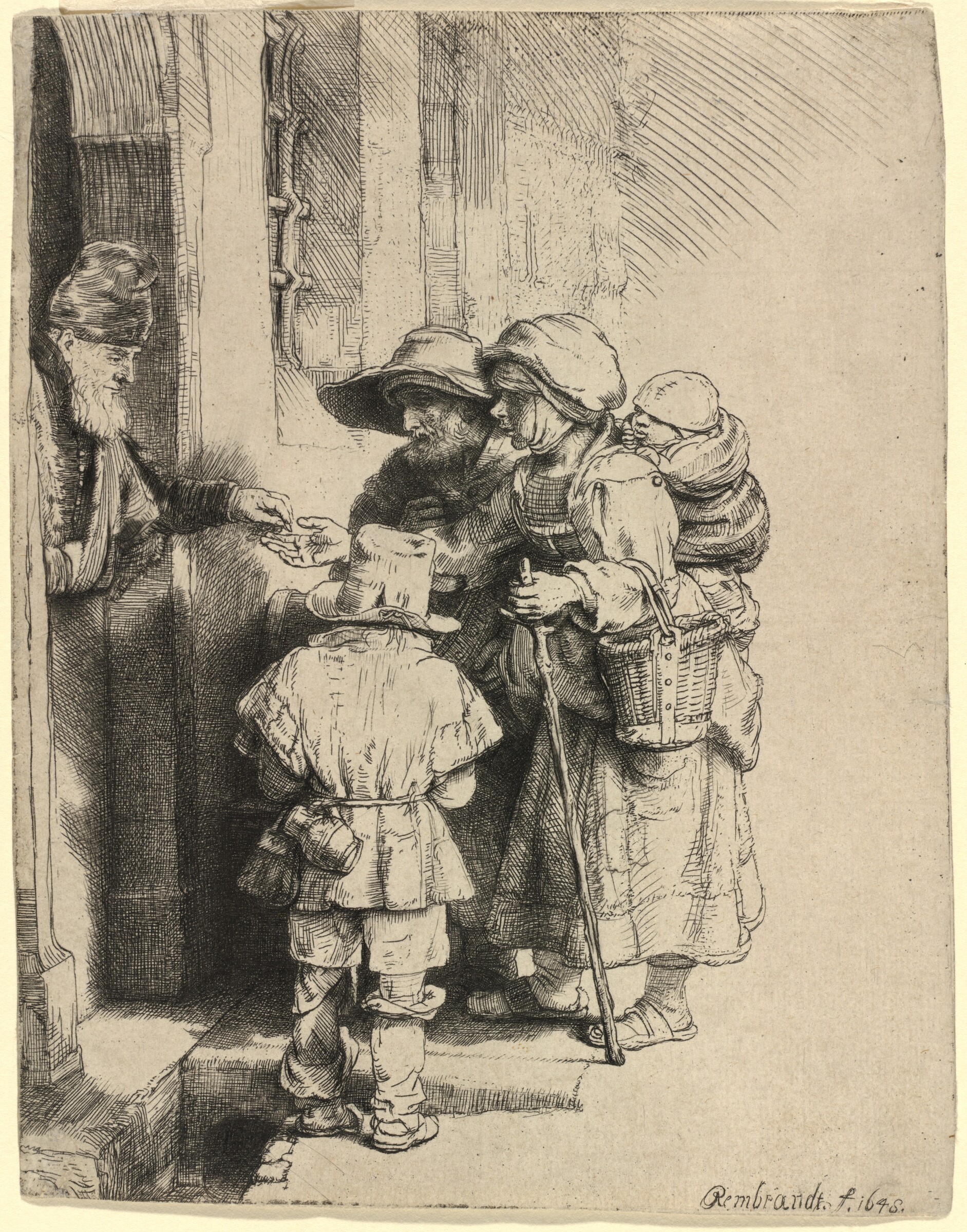 Beggars Receiving Alms at the Door of a House, Rembrandt van Rijn, 1648