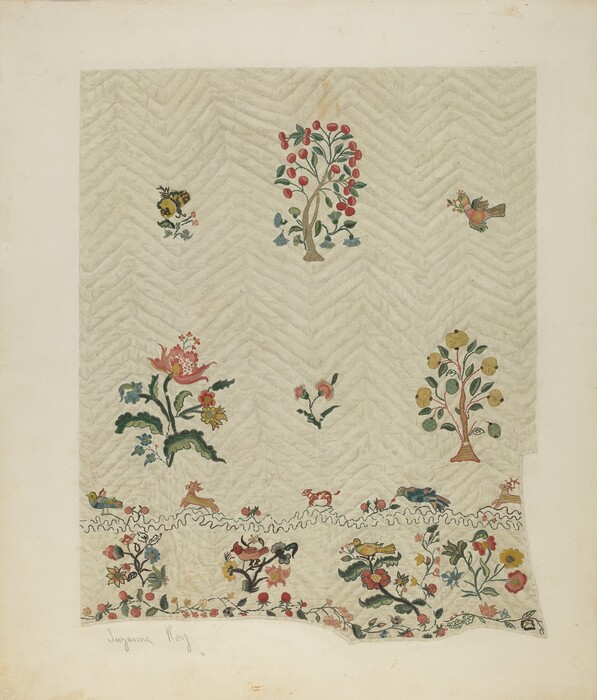 This is a painting of a textile design. The artwork features a section of fabric adorned with various colorful embroidered motifs arranged on a pale background. These motifs include stylized trees, blooming flowers, and birds, depicted in a vivid palette of reds, greens, blues, and yellows. The main composition is divided into two segments: a top section with evenly spaced decorative elements and a lower part with a more densely packed array of floral and animal designs.