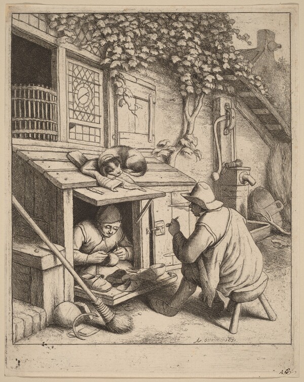 Smoker on a Stool Conversing with a Cobbler at Work