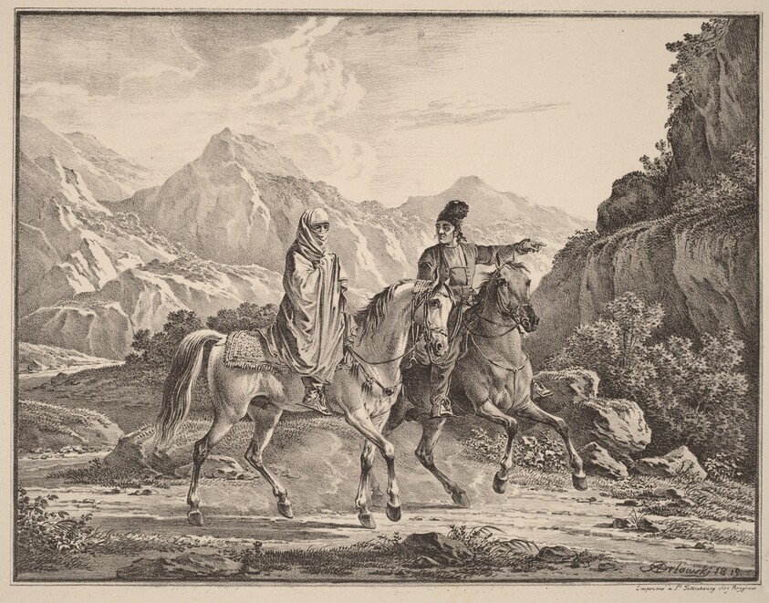 Man and Veiled Woman on Horseback