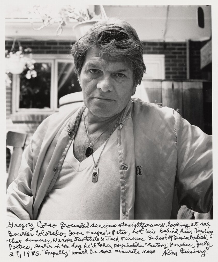 Gregory Corso grounded serious straightforward looking at me Boulder, Colorado, Jane Faigao's Patio, hot tub behind him. Teaching that summer, Naropa Institute's Jack Kerouac School of Disembodied Poetics, earlier in the day he'd taken psychedelic "Ecstasy" powder, July 29, 1985. "Empathy" would be more accurate name.
