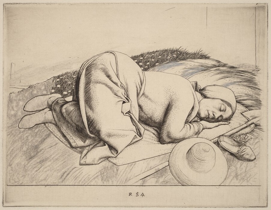 The image shows a person lying on their side in a curled position on a bed or mattress. The individual has short hair covered by a headscarf, wearing a long-sleeved garment and draped skirt. They have closed eyes, a serene expression, and one arm serving as a pillow. Nearby, there is a wide-brimmed hat, shoes, slippers, and flowers. The background includes grass and flowering plants.