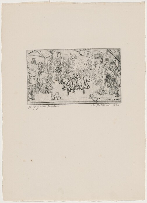 This is a drawing of a village scene. The artwork depicts a village gathering, with figures engaging in activities amidst buildings. Structures surround an open space where horses and carriages can be seen. The composition showcases details of daily life, with figures in motion or interacting. The drawing captures a portrayal of communal life with intricate linework suggesting movement and activity.
