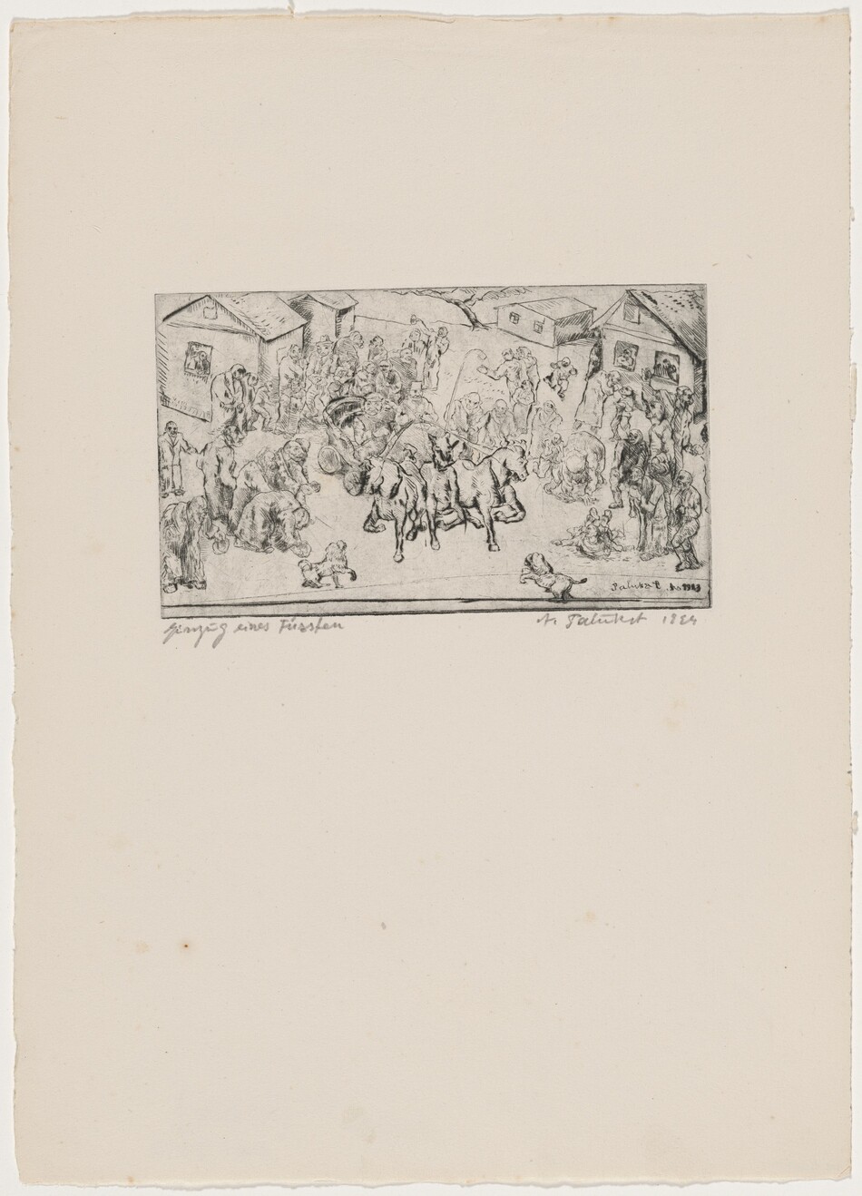 This is a drawing of a village scene. The artwork depicts a village gathering, with figures engaging in activities amidst buildings. Structures surround an open space where horses and carriages can be seen. The composition showcases details of daily life, with figures in motion or interacting. The drawing captures a portrayal of communal life with intricate linework suggesting movement and activity.