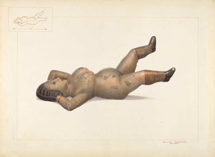 There is a textured, reclining human-like figure in the image, with limbs awkwardly bent and situated prominently on the page. The color palette primarily includes shades of brown, tan, and black, with subtle hints of red and blue detailing on the figure's surface. The figure is positioned horizontally, facing upwards with its head towards the left, arms behind its head, and legs elevated in the air. Above, in the top left corner, is a smaller line drawing of the figure, accompanied by an 11-inch measurement line.