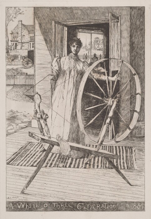 The image shows a person standing in a doorway holding a thread and leaning on a spinning wheel. The person has short, curly hair and is dressed in a long garment. The spinning wheel sits on a striped rug on a wooden floor. In the background, there is a view through the open doorway with some trees and figures, along with a building to the side.