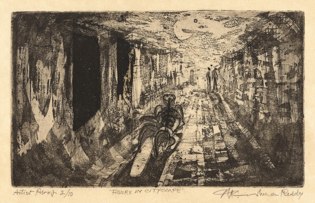 The image depicts a series of angular and crisscrossing lines that create an abstract cityscape. These lines form buildings and roads, suggesting urban streets. In the foreground, an abstract form resembling a motorcycle with a rider is visible. Two vertical shapes in the distance suggest figures standing on the street. The sky is filled with swirling, textured shapes that resemble clouds or smoke, adding to the urban setting.