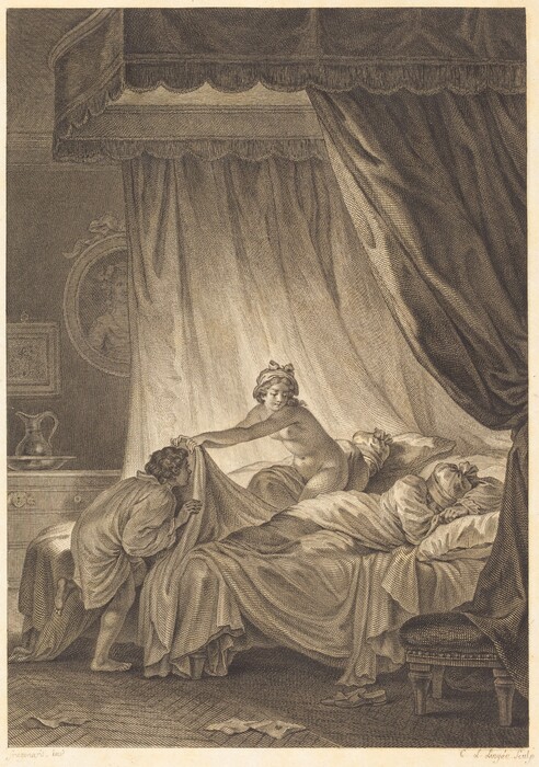 This is a drawing of an interior bedchamber scene with draped bed and furniture. The image shows a moment of intimacy and tension within an opulently furnished bedroom. The focal point is the canopy bed with elaborate drapery. Two figures are interacting in the center of the scene, with one under the bed linens and another beside the bed holding the covers. The room contains additional details like a pitcher on a side table, and an ornate chair, giving an air of luxury and privacy. Soft shading techniques are used to highlight the fabrics and shadows.