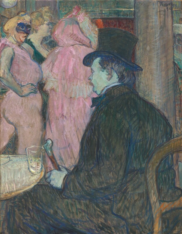 Shown from the lap up, a man wearing an ash-brown suit and top hat sits turned mostly away from us, next to a round table, facing a group of at least three women farther back in the room in this vertical painting. The scene is loosely painted with visible, mostly vertical strokes, and most of the forms, clothing, and objects are outlined in cobalt blue. Sitting in a wooden, ladderback chair, the man’s body takes up the bottom right quadrant of the painting. His skin is painted pale turquoise. His face turns away from us so we see the tip of his nose and the lines of his cheek and double chin. He has short brown hair under his top hat. He holds a silver-topped cane in one hand, which rests in his lap. A glass with some clear liquid sits on the table in front of him, to our left. A peanut-brown column spans the height of the painting just beyond him, near the right edge of the composition. Three women stand closely together in the near distance, in the upper left corner of the painting. At the front of the trio, a woman with a peach-colored face wears an indigo-blue mask over her eyes. A few swipes of paint indicate blond hair, possibly pulled up. She faces our right in profile and stands with her right hand, closer to us, planted on her hip. She wears a bubblegum-pink sleeveless top and form-fitting pants. The skin of her arm and the skin on the face of the woman standing just beyond her is a cream-white tinged with blue. That second woman faces our right in profile, and her blond hair is either short or also pulled up. A teal-green strap of a low-cut dress crosses over the shoulder we can see. A third woman stands in front of this pair, between them and the seated man. She faces away from us and wears a cotton candy-pink robe and hood that completely covers her body. The wall at the back of the room is painted with areas of brick red, moss green, and a grayish mauve pink.