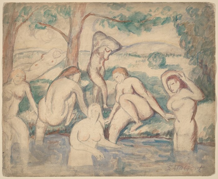 This painting depicts a group of nude figures bathing near a tree-lined body of water. The figures are depicted in a soft, flowing style with a pale color palette, creating a serene atmosphere. The background shows an abstracted landscape with hills and foliage rendered through loose brushwork. The style is reminiscent of Paul Cézanne, focusing on form and subtle use of color and light to convey depth and volume.