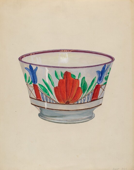 The image shows a decorative glass bowl with bold floral patterns. The bowl has a large red flower with smaller blue flowers and green leaves. The color palette is vivid with red, blue, and green hues against the clear glass of the bowl. The bowl is centered in the image on a light beige background.