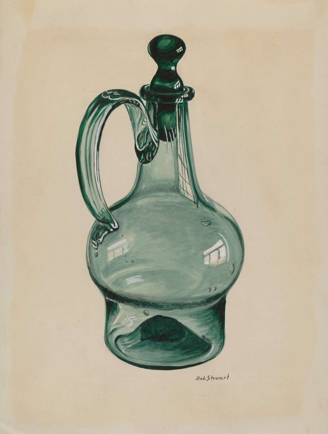 The image shows a large, transparent green glass jug with a handle and stopper as the central object. The color palette includes shades of green with highlights of white reflected light. The jug is positioned centrally on an off-white background, with the handle on the left side.