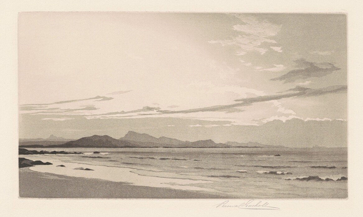 The image shows a seascape with a view from the shoreline looking out towards the sea and distant mountains. The horizon is slightly above the center with mountains visible along it. The brushstrokes give a blended effect with a pattern suggesting clouds and waves. The color palette includes muted tones like gray and taupe. The shoreline curves along the left with waves rolling onto the shore, extending to distant peaks. The vast sky has soft lighting.