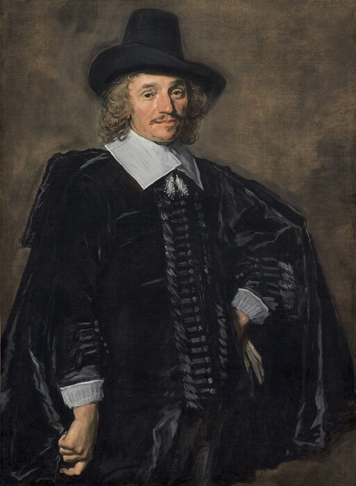 Shown from the thighs up, a man with pale, peachy skin, wearing a black suit, cape, and hat, stands with one hand on his hip against an elephant-gray background in this vertical portrait painting. The portrait is loosely painted in some areas, especially in the clothing and background, though the face is more detailed. His body is angled slightly to our right so one shoulder juts toward us, to our left, and he turns his face to look at us brown eyes. One bushy brow is slightly arched. He has a long, bumped nose, soft jowls along his jawline, and perhaps a mole almost lost in shadow on his left cheek, to our right. His wide, pale peach lips are closed and framed by a thin, brushy mustache and a patch of hair under his lower lip. His shoulder-length, wavy, light brown hair curls around his face, and he wears a tall, black hat with a wide brim turned over his right ear, to our left. A hip-length black cloak drapes over a long-sleeved black jacket. A wide, flat, white collar lies across his shoulders and is tied with fluffy tassels that hang on his chest. Streaks of slate-gray suggest horizontal bands next to buttons down the front of his jacket and along the forearms, above white cuffs. He stands with his right arm, to our left, hanging by his side, and he holds the fabric of his cloak in a loose fist. The back of his other hand rests against his left hip, to our right, and a few streaks of parchment brown suggest a glove in that hand. The background is painted with thin, blended areas of gray and peanut brown.