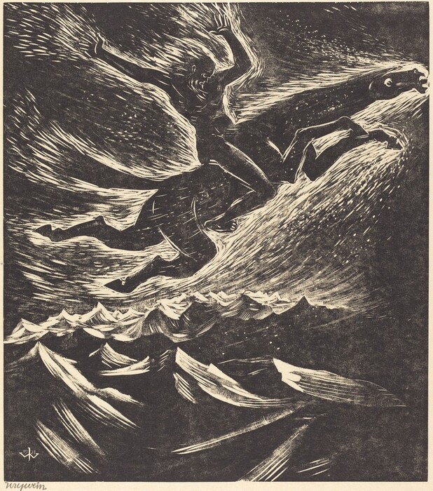 This is a painting of a rider on a galloping horse in an abstract, stormy landscape. Bold lines and strong contrast between dark and light create motion and energy. The horse and rider are central, with elongated limbs and flowing mane and tail. The background features swirling forms that convey movement. The scene has a dramatic, almost mystical quality, emphasizing speed and force within a turbulent environment. The style is reminiscent of a mid-20th-century artist known for expressive depictions.