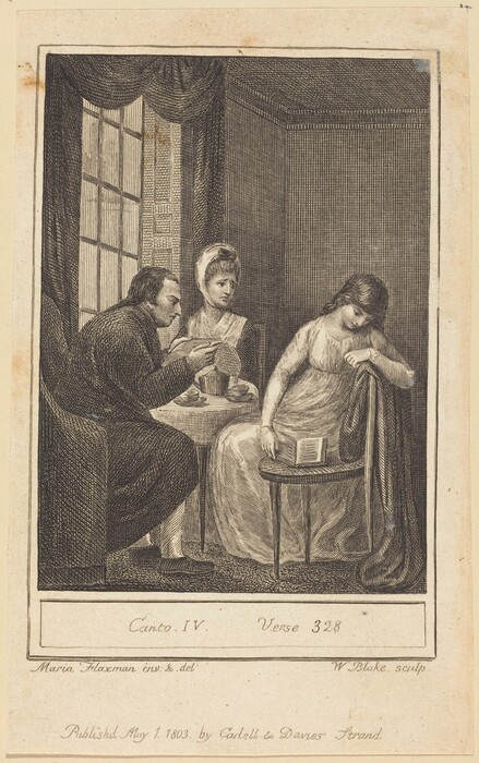 Three individuals are depicted in the image. On the left, a man is leaning towards the center, holding papers and facing two women. The woman in the center has her hair up and wears a headscarf or bonnet and a long-sleeved dress, looking towards the man. On the right, another woman sits with her head resting on her hands on a small table, with a book beside her. She has long, flowing hair and wears a long gown. The setting is indoors, showing a tall, multi-paneled window with heavy curtains, and patterned wallpaper in the background. A small, round table is placed between the seated figures.
