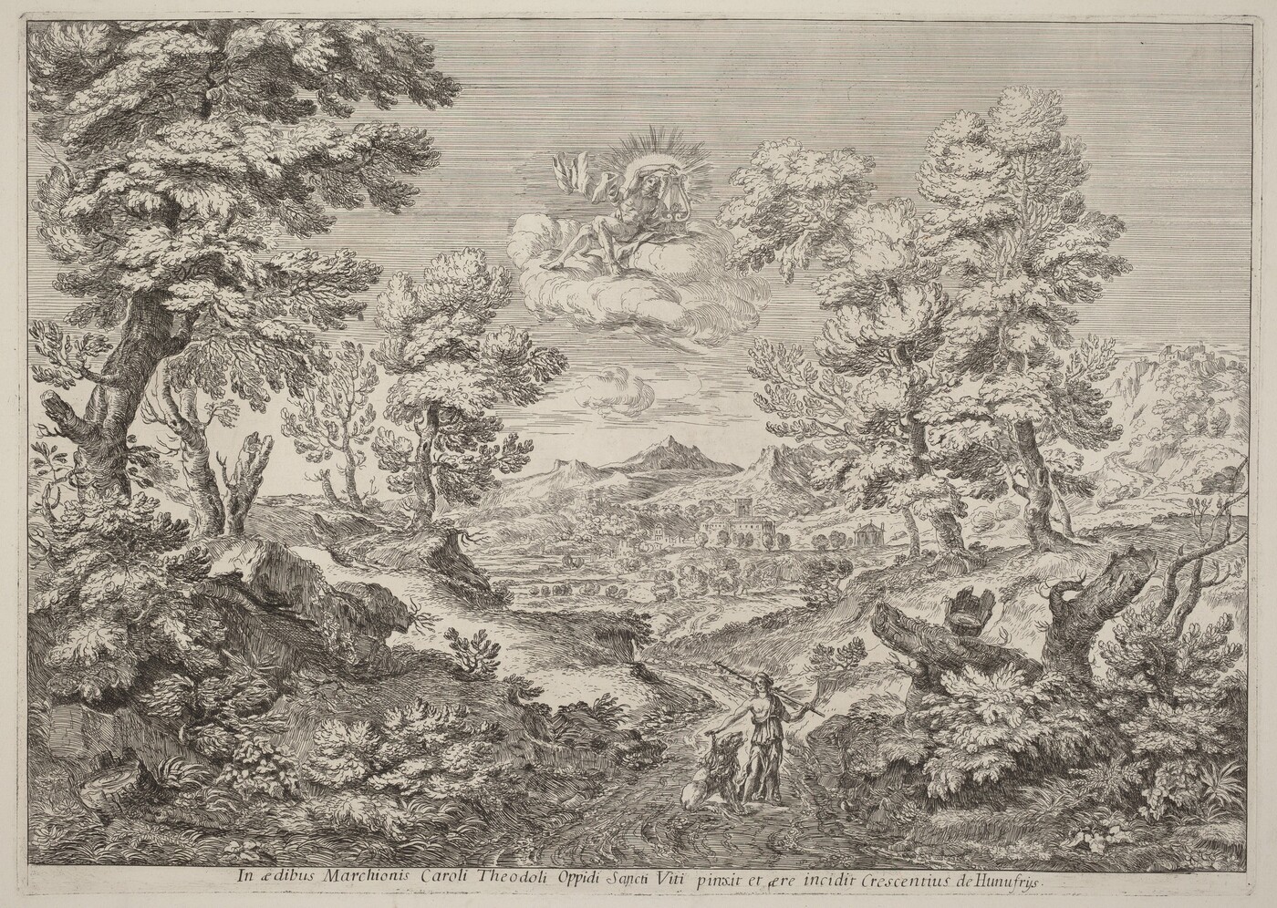 The image shows a black and white engraving. The foreground features foliage and trees, while the background shows hills with a village. In the sky, there is a figure with a radiating head, depicted reclining on a cloud. The engraving is detailed and intricate, with precise lines and a monochromatic color palette of black and white.