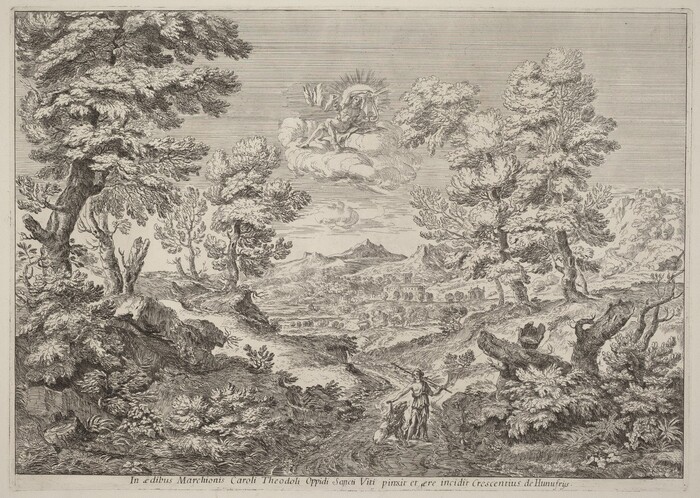 The image shows a black and white engraving. The foreground features foliage and trees, while the background shows hills with a village. In the sky, there is a figure with a radiating head, depicted reclining on a cloud. The engraving is detailed and intricate, with precise lines and a monochromatic color palette of black and white.