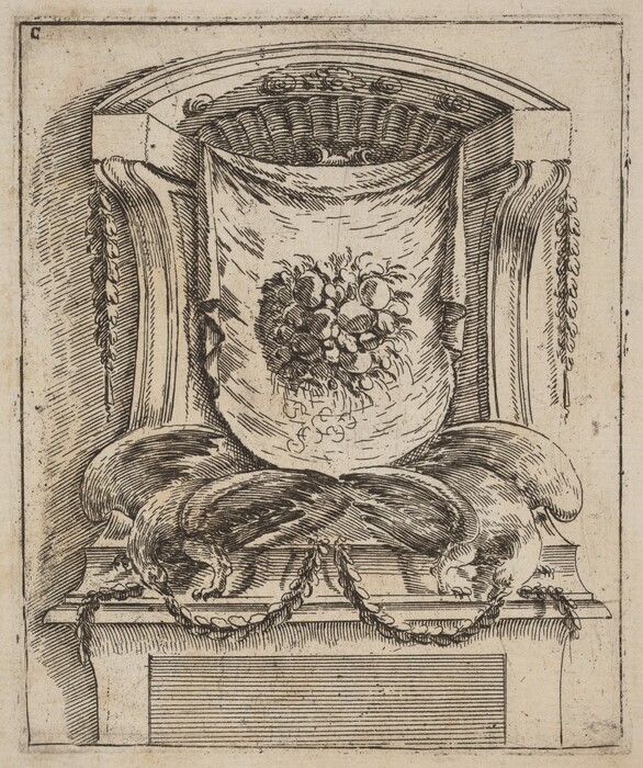 The image shows a large decorative tapestry with a fruit motif, hung against an ornate architectural background. The color scheme is mainly beige and brown. The tapestry is in the center, flanked by acanthus leaves, and framed by a balustrade below. Festoon-like garlands hang from the top corners towards the center.
