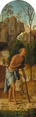 A man stands, leaning on a staff used like a crutch, in a deep, rocky landscape in this round-topped vertical painting. The cleanshaven man has tanned skin and sparse gray hair. He is nude aside from a slate-gray cloth that wraps around his hips. The hand not bracing the crutch is held in a loose fist at his chest. A few plants grow and bloom along the bottom of the panel. The dirt path on which the man stands winds through low, grass-covered mounds to a cave opening at the base of a tall, steep cliff face. A lion stands on the path between the man and the cave. An owl perches in the bare, spike-like branches of a spindly tree growing to our right of the man.