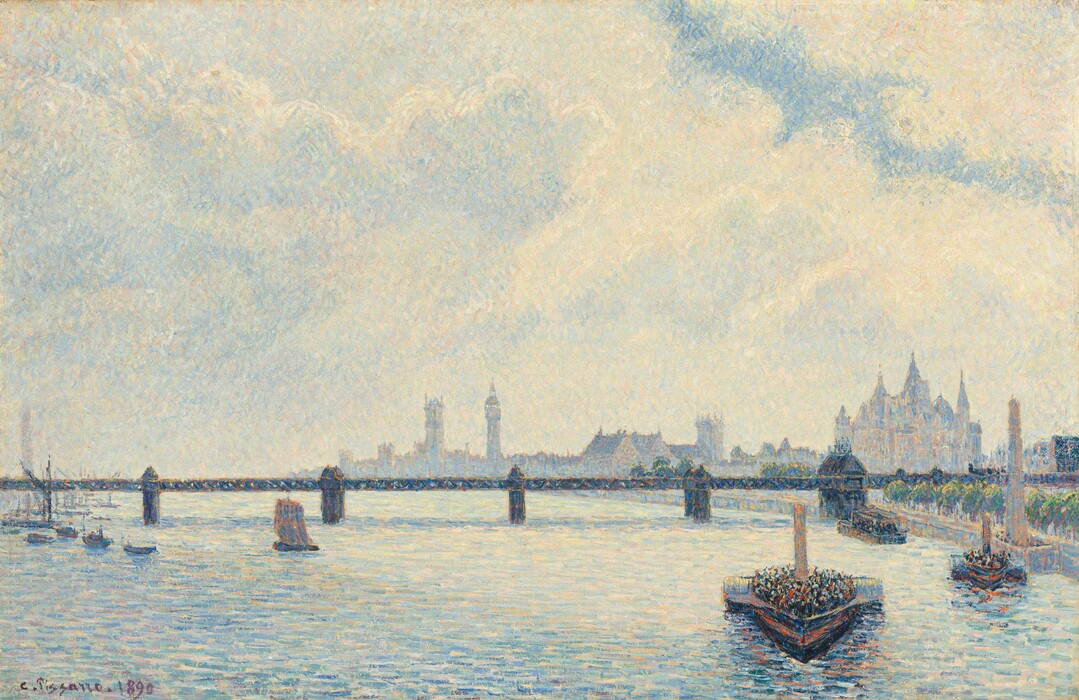 We look across a river at a long, flat bridge that runs parallel to a hazy, city skyline in the distance in this horizontal painting. The scene is painted with visible dashes and strokes of mostly pastel blue, ivory white, muted mauve purple, and navy blue. The flat bridge spans the width of the composition along the horizon, which comes a third of the way up the canvas. The sky above is filled with clouds painted in muted tones of cream white, pale blue, and a few touches of shell pink, which mirror the water below. Along the horizon, buildings with spires and towers stretch from our right about two-thirds of the way across the canvas. To our left, a cluster of several boats, tiny in scale, gather near the bridge. Closer, and to our right, three larger ferries are crowded with passengers who are represented by minuscule daubs of brightly colored paint, mostly in black, golden yellow, crimson red, sky and cobalt blue, and ivory white. These boats are painted in short, flat brushstrokes in bands of flame red and midnight blue. The artist signed and dated the work at the lower left: "C. Pissarro, 1890."