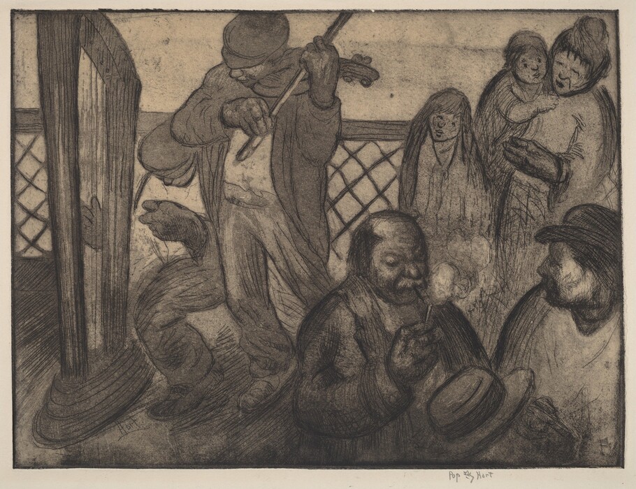 This is a drawing of a group of people inside a vehicle or room. It includes a violinist and an observer smoking a pipe. The scene captures the vibrant energy of a group setting where the violinist is playing with enthusiasm, drawing attention from the surrounding individuals. The violinist is near a large wooden structure, potentially a door or partition, interacting with another person whose hand is reaching out. In the background, there is an ornately patterned railing suggesting an enclosed or intimate space. One individual is holding a pipe while enveloped in smoke, absorbed in the moment. The various textures and lines evoke movement and engagement among the spectators and performers.