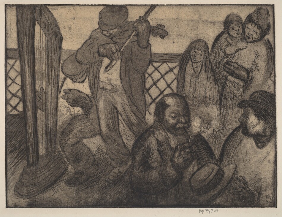 This is a drawing of a group of people inside a vehicle or room. It includes a violinist and an observer smoking a pipe. The scene captures the vibrant energy of a group setting where the violinist is playing with enthusiasm, drawing attention from the surrounding individuals. The violinist is near a large wooden structure, potentially a door or partition, interacting with another person whose hand is reaching out. In the background, there is an ornately patterned railing suggesting an enclosed or intimate space. One individual is holding a pipe while enveloped in smoke, absorbed in the moment. The various textures and lines evoke movement and engagement among the spectators and performers.