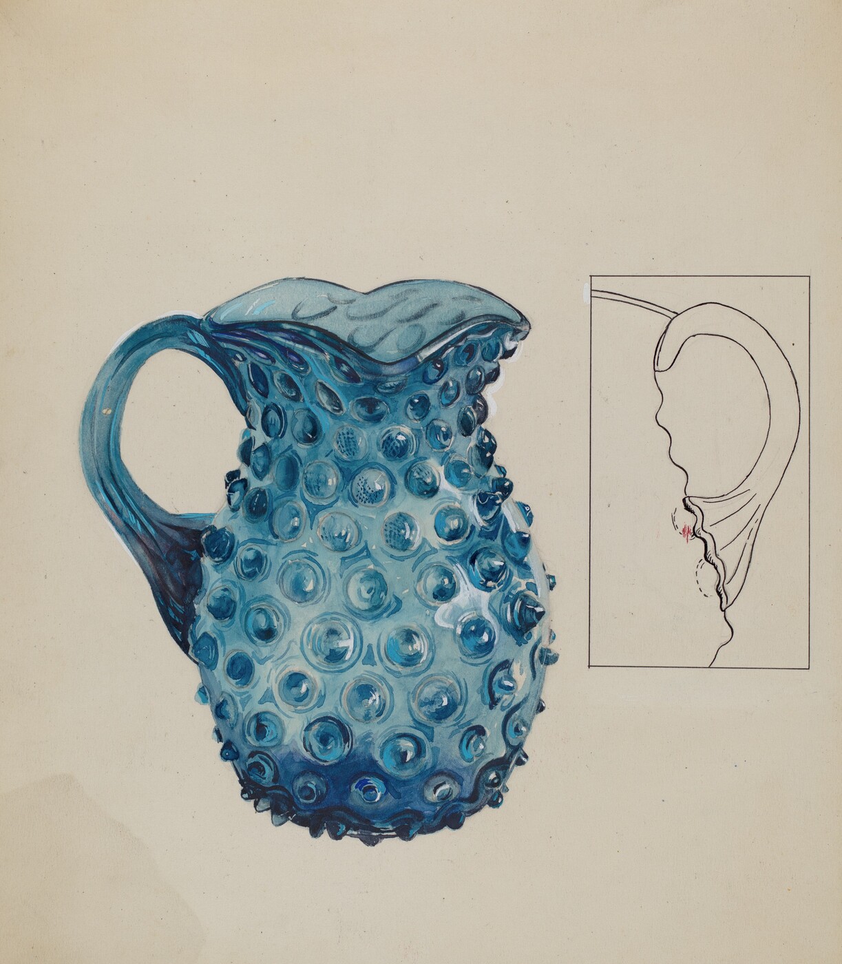 The image features a large glass pitcher with a hobnail design. The pitcher is predominantly blue, showcasing different shades of blue. Next to the pitcher, on the right side, there is a simple line drawing of a profile of an ear, enclosed in a rectangular frame. The pitcher is to the left of the image, slightly to the center, while the drawing is positioned to the right, next to the pitcher.