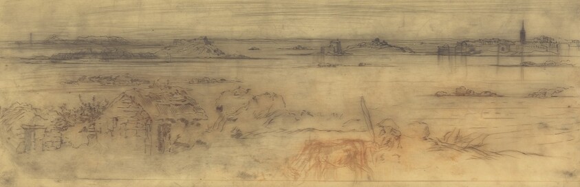 Seascape with a Fortified City at Right, Islands at Left and a Cottage in the Foreground