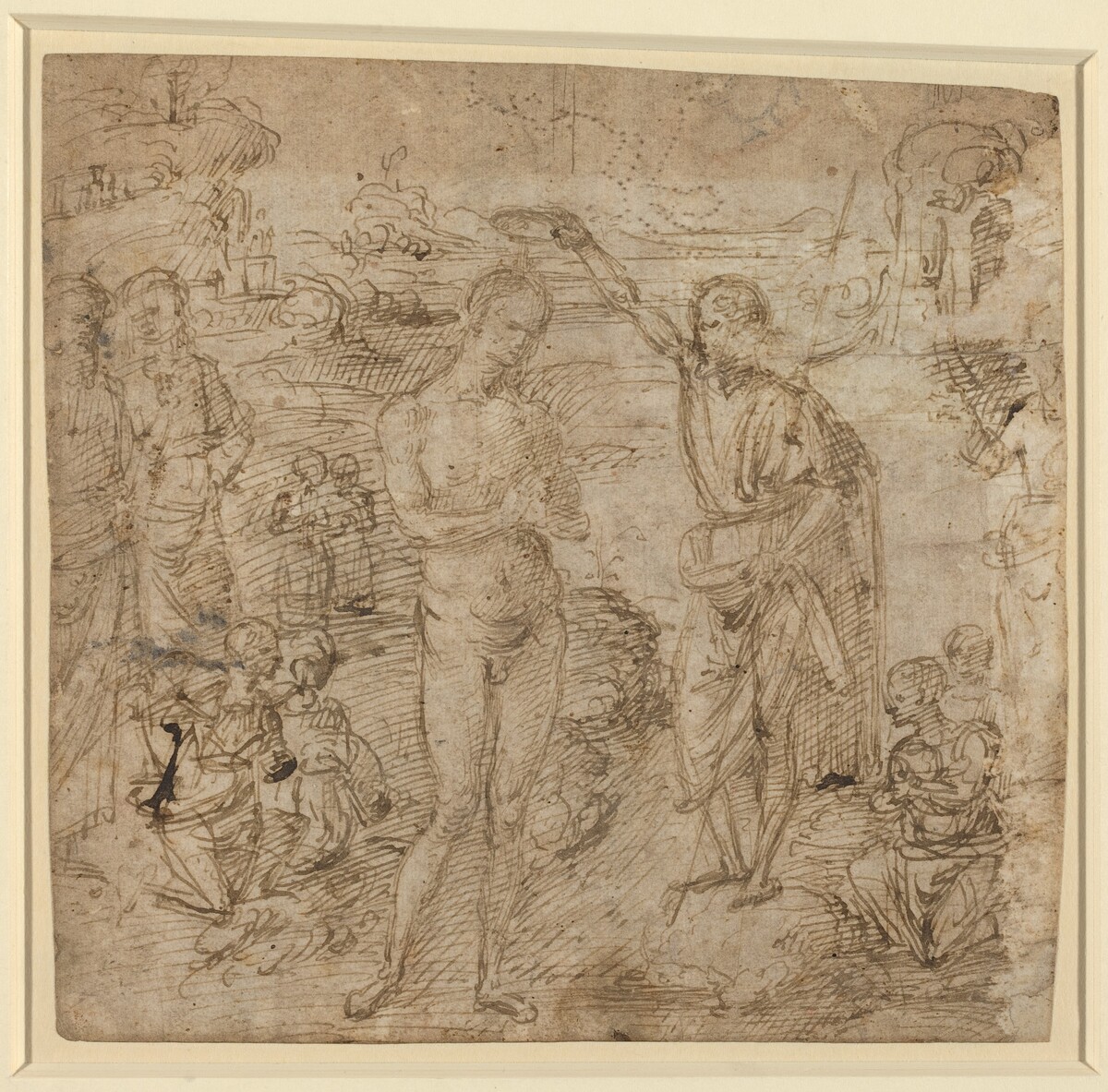 a) The Baptism of Christ; b) Draped Figure Holding a Book and Man Wielding an Ax with a Figure