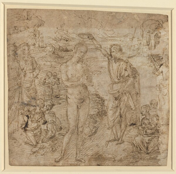 a) The Baptism of Christ; b) Draped Figure Holding a Book and Man Wielding an Ax with a Figure