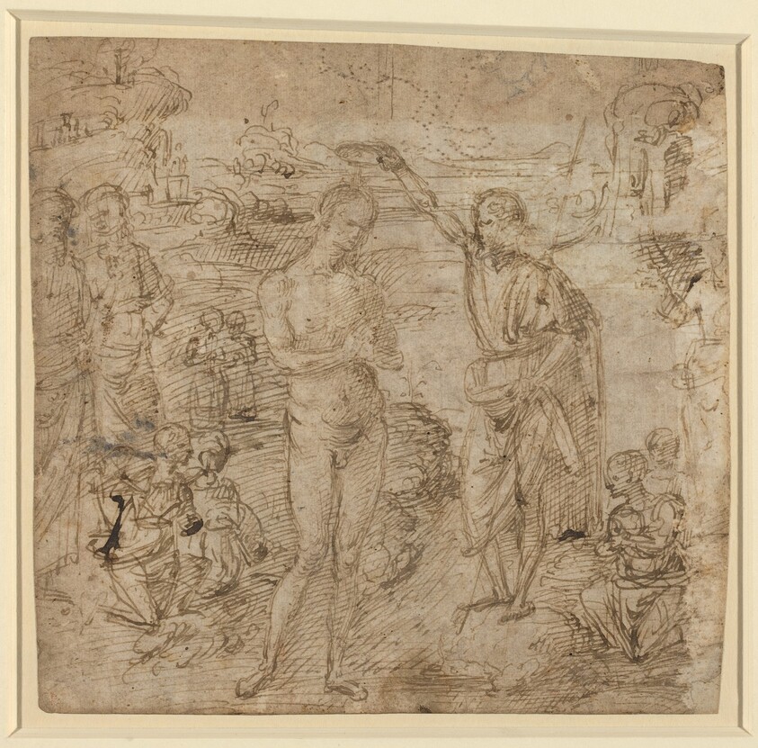 a) The Baptism of Christ; b) Draped Figure Holding a Book and Man Wielding an Ax with a Figure