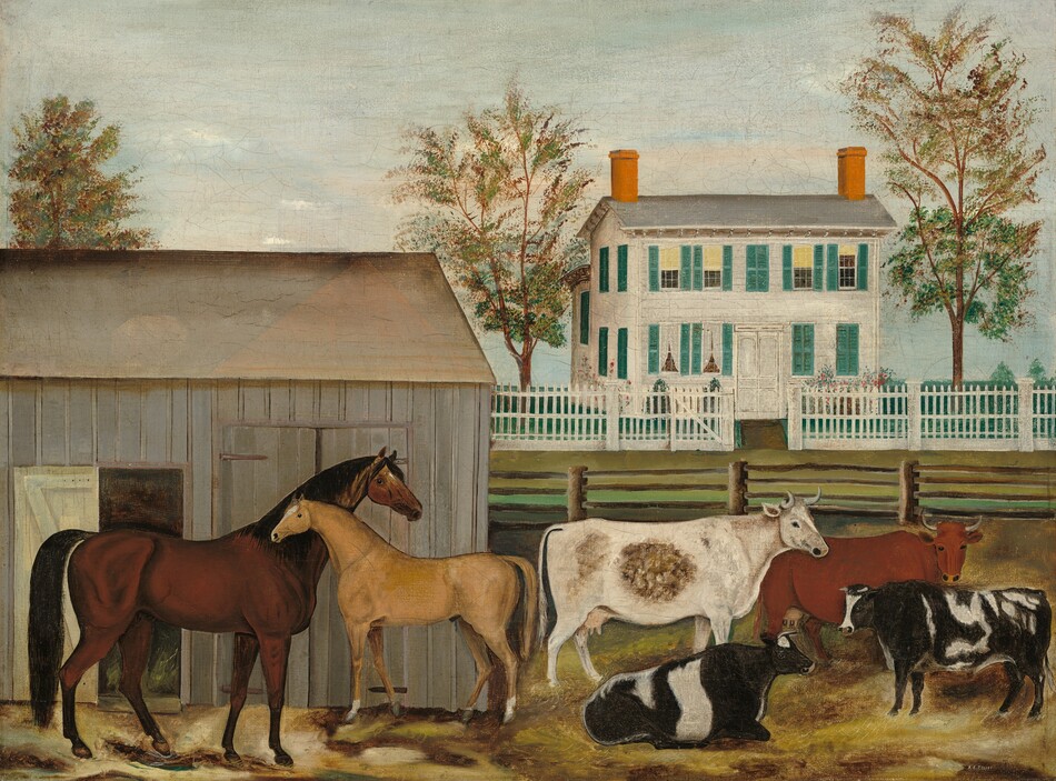 The painting depicts a rural farmstead. On the left, two horses stand near a gray wooden barn, with cows standing and sitting on the right in front of a fenced-in green field. The ground below the animals is brown, with patches of yellow, green, and cream. There is a white two-story house with blue shutters and a white picket fence in the distance. The sky is grayish-blue with light clouds. Trees around the house and barn show hints of green and brown.