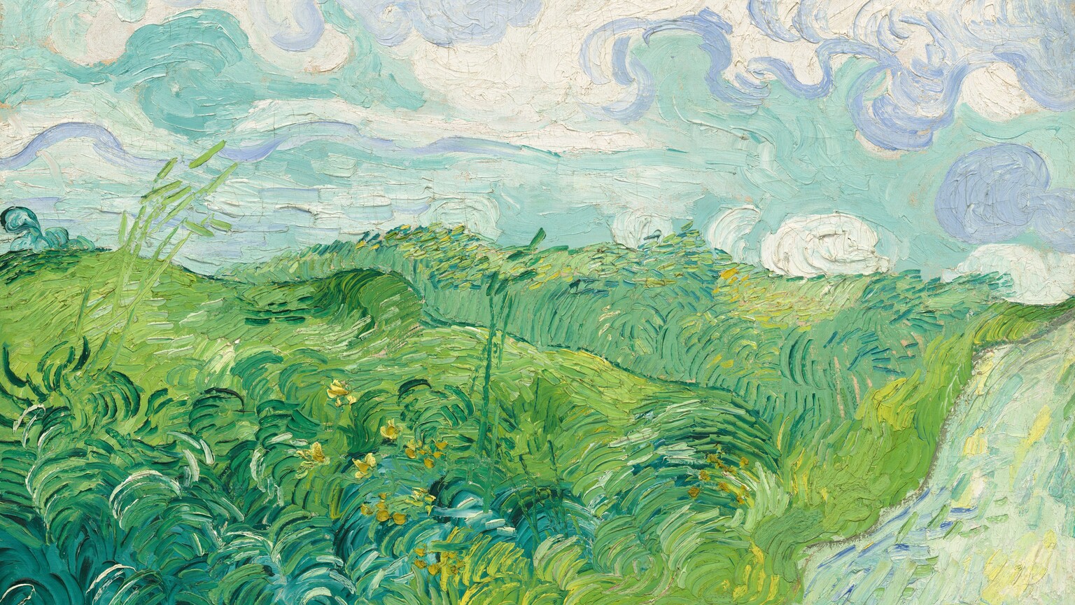 Verdant green fields roll in undulating waves back alongside a road in this horizontal landscape painting. The fields take up the left and center of the composition and are painted with thick, curling strokes of emerald, pea, and celery green, and corn yellow to suggest grasses and plants. The pale green road runs up along the right edge of the painting, and is layered with strokes and daubs in butter yellow, spring green, and faint blue. The fields and road meet the horizon line about halfway up the canvas, where an aquamarine-blue sky swirling with white and periwinkle-blue clouds fills the top half of the painting.