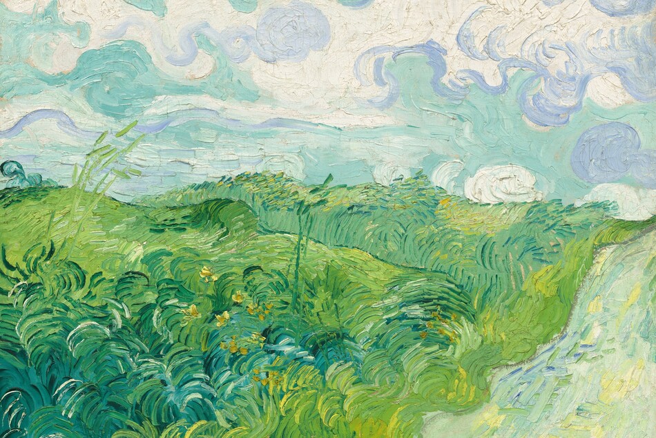 Verdant green fields roll in undulating waves back alongside a road in this horizontal landscape painting. The fields take up the left and center of the composition and are painted with thick, curling strokes of emerald, pea, and celery green, and corn yellow to suggest grasses and plants. The pale green road runs up along the right edge of the painting, and is layered with strokes and daubs in butter yellow, spring green, and faint blue. The fields and road meet the horizon line about halfway up the canvas, where an aquamarine-blue sky swirling with white and periwinkle-blue clouds fills the top half of the painting.