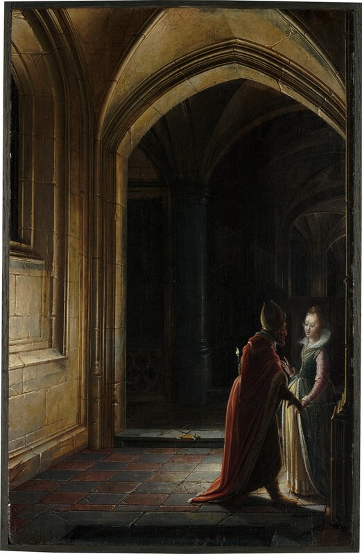 A man and woman, both with light skin, stand near a column under a pointed arch in a darkened, stone church in this vertical painting. To our right, the pair is lit only by the candle the man holds in his left hand. He stands with his back to us, and his face, almost in profile, is mostly lost in shadow. He has a pronounced bulbous, hooked nose, and his full lower lip projects past his beard. His tall cap is split down the sides, and he wears a red cloak lined with white fur. He leans toward the woman and holds her left hand in his right, closer to us. The candlelight falls on her pale, rounded face. Her blond hair is pulled up in a knot on the top of her head. Her eyes are cast down under arched brows, and she has full, pink lips. Her dress has a forest-green bodice with a flaring, starched, white, lace-edged collar and rose-pink sleeves with lace cuffs. The dress has buttons down the front of the bodice and falls open over a butter-yellow under-skirt. The window to our left, opposite the pair, is dark, and the church and vaults beyond the archway under which they stand are deeply shadowed. A dark, rectangular void seems to be carved into the tiled, stone floor near their feet, close to us. The artist signed and dated the work as if he had carved his name into the floor just beyond the void: “H.V.S. 1616.”