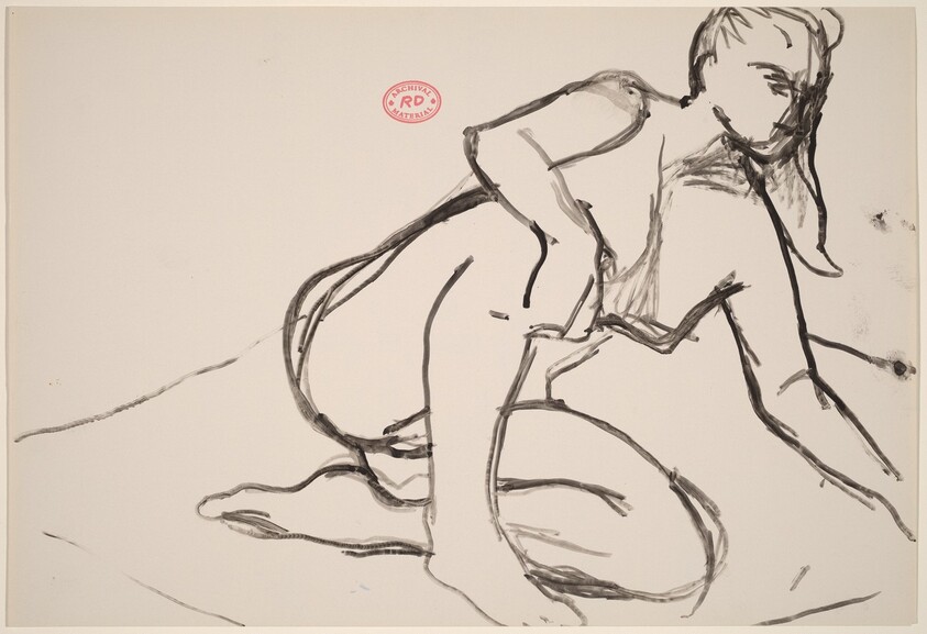 Untitled [seated female nude reaching with right arm]