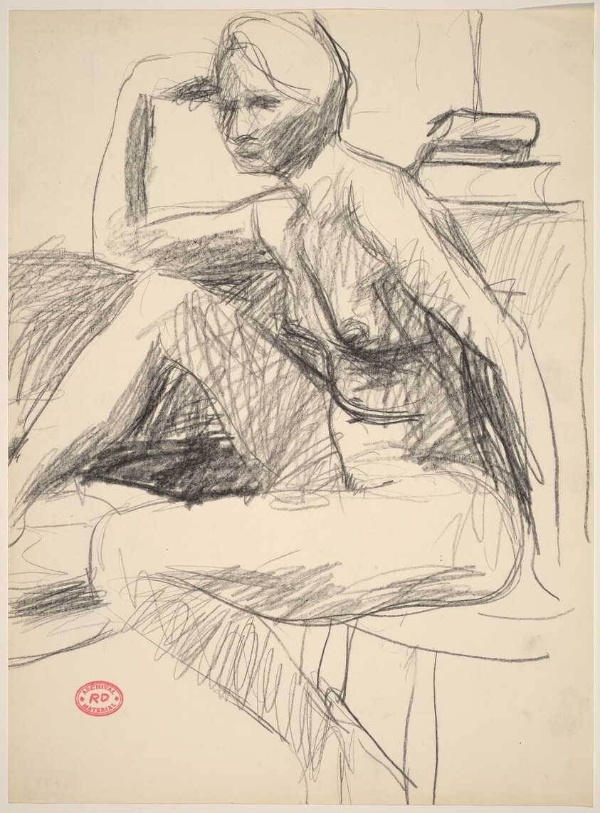 Untitled [seated female model with right arm on knee]